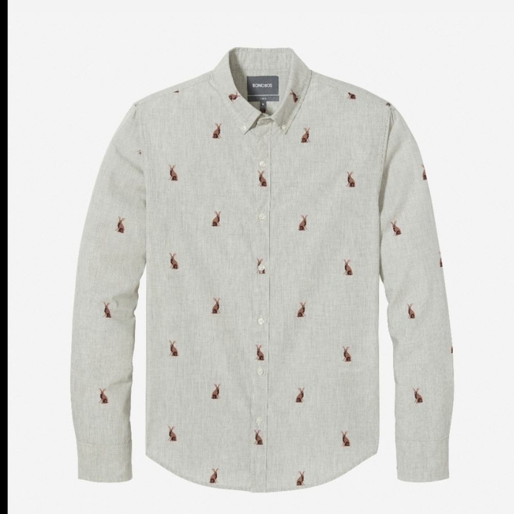 Bonobos Mens Grey Washed Button Down Slim Fit Shirt Size Medium New Rabbit Print